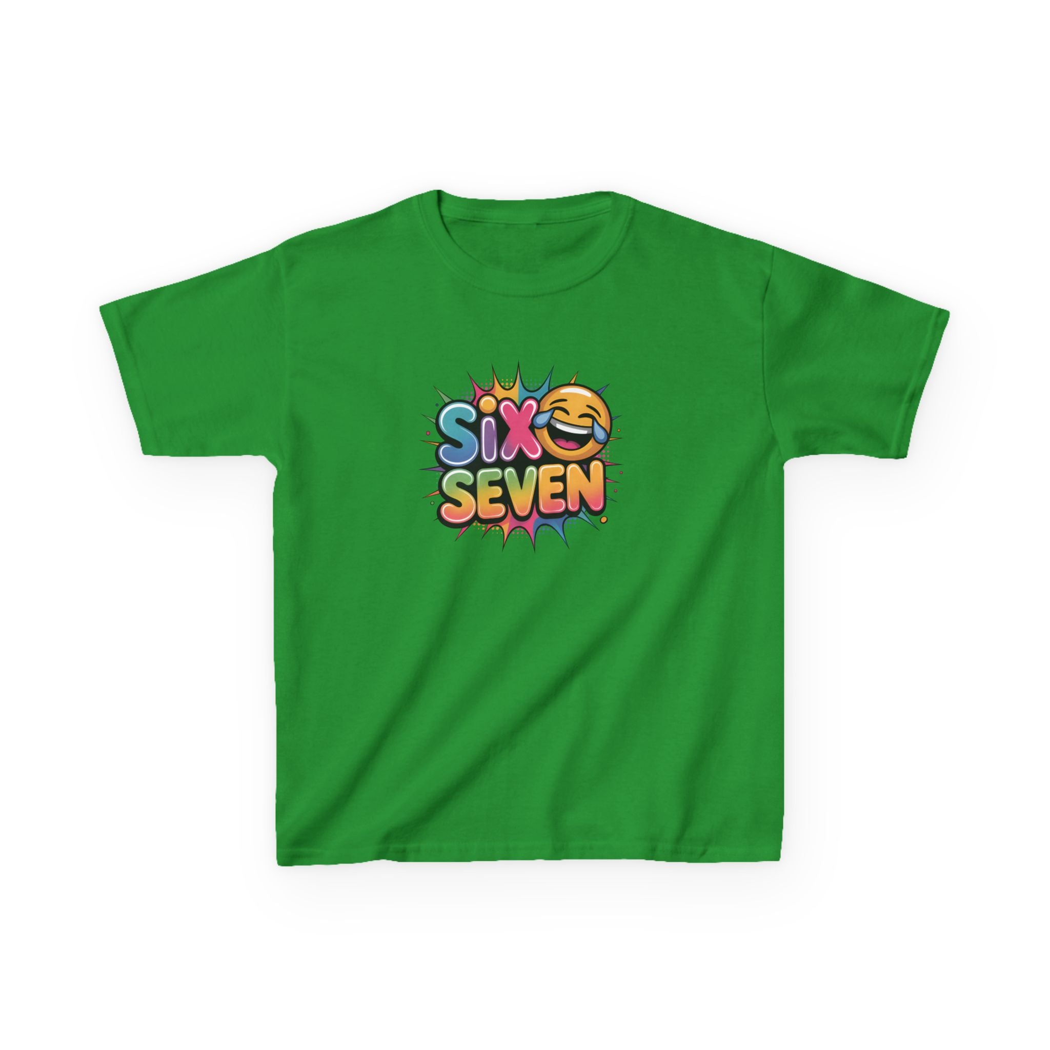 Green t-shirt with 'Six Seven' colorful design on a white background