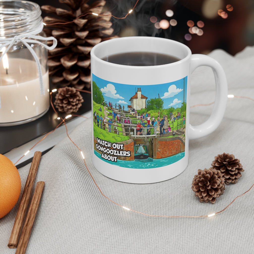 Mug — 'Watch Out Gongooolzers About' Canal Scene Cartoon Coffee Mug Printify