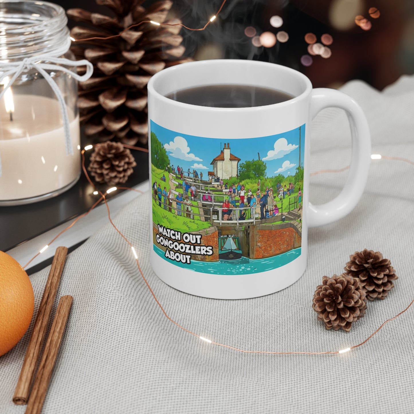 Mug — 'Watch Out Gongooolzers About' Canal Scene Cartoon Coffee Mug Printify