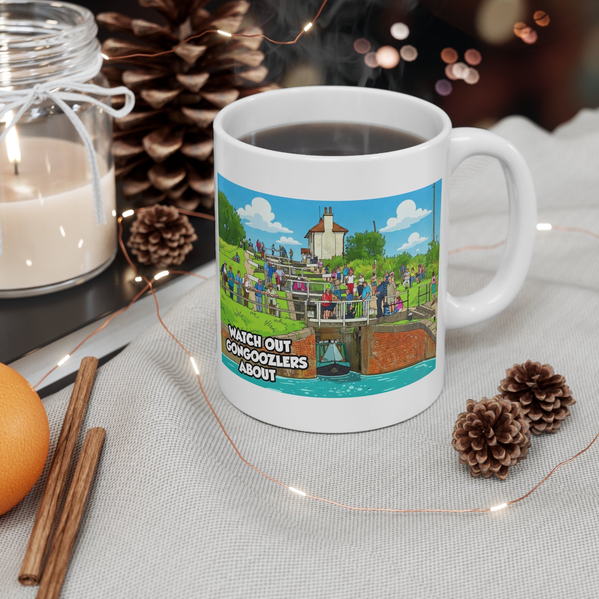 Mug — 'Watch Out Gongooolzers About' Canal Scene Cartoon Coffee Mug Printify