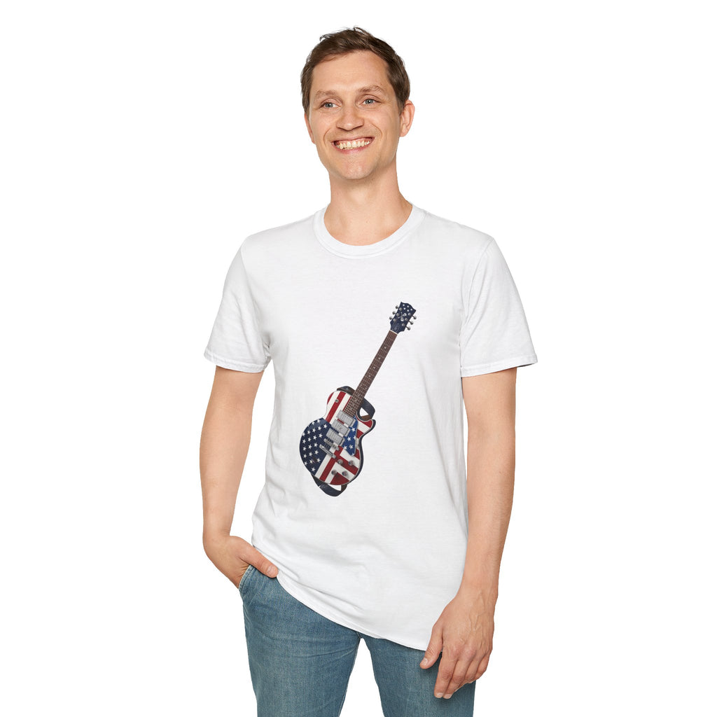 Person wearing a white t-shirt with a guitar graphic featuring an American flag design on a white background