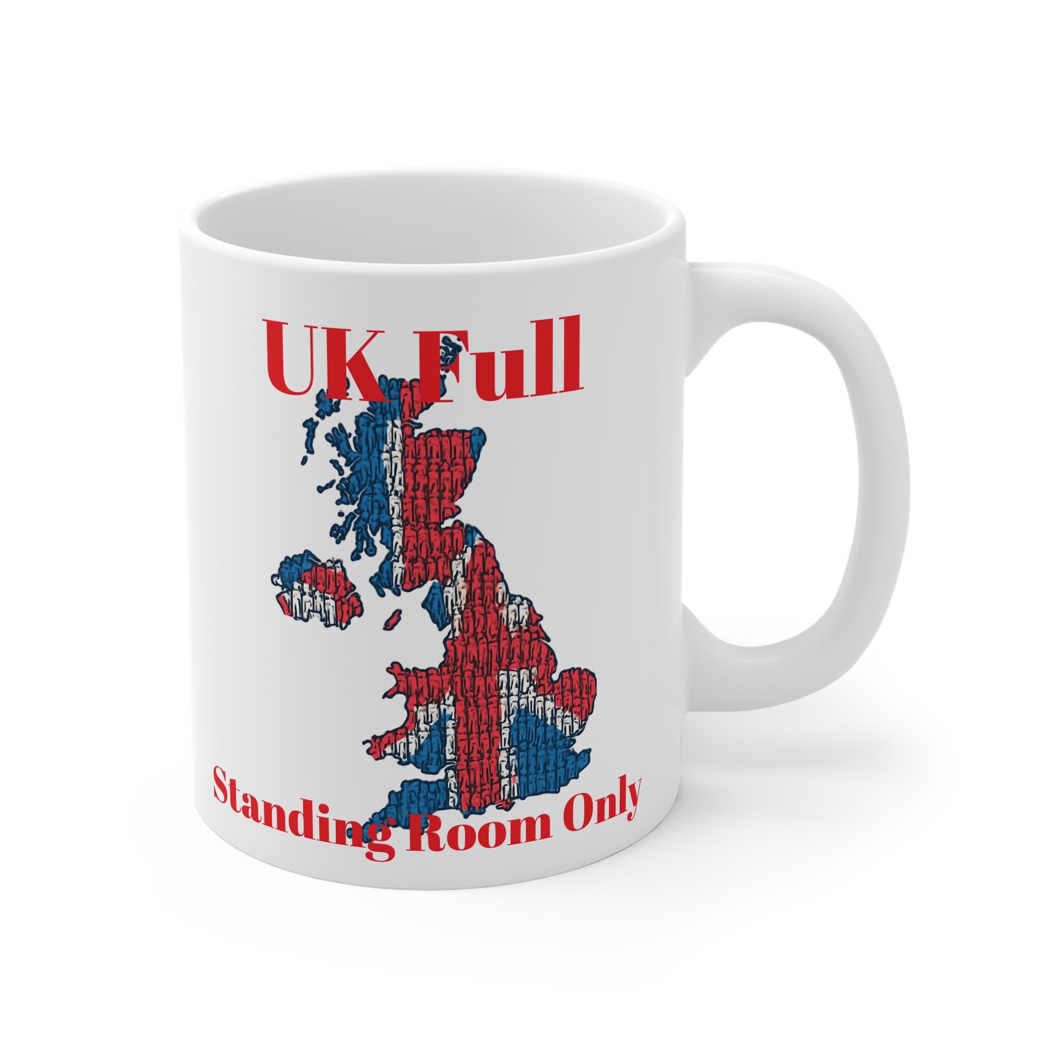 White mug with a map of the UK in red and blue and text 'UK Full Standing Room Only' on a white background
