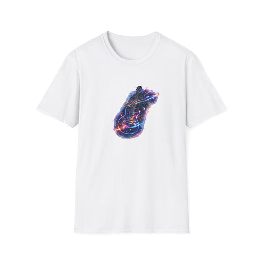 Cosmic guitar design with galaxy planets stars and neon shooting star strings for music lover t shirt