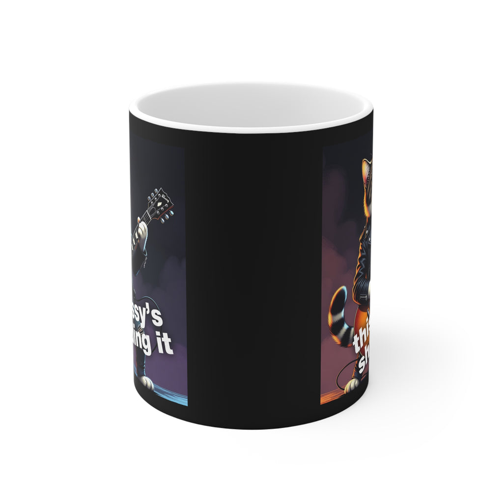 Rock Cat Guitar Mug — "This Pussy's Shredding It" 11oz Coffee Cup 