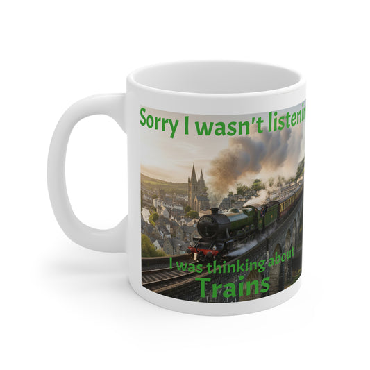 Mug with a train design and humorous text on a white background