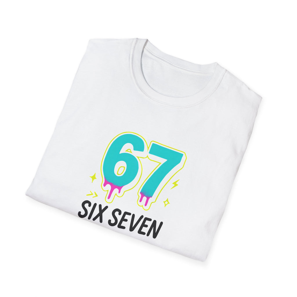 White t-shirt with colorful '67 Six Seven' design on a white background