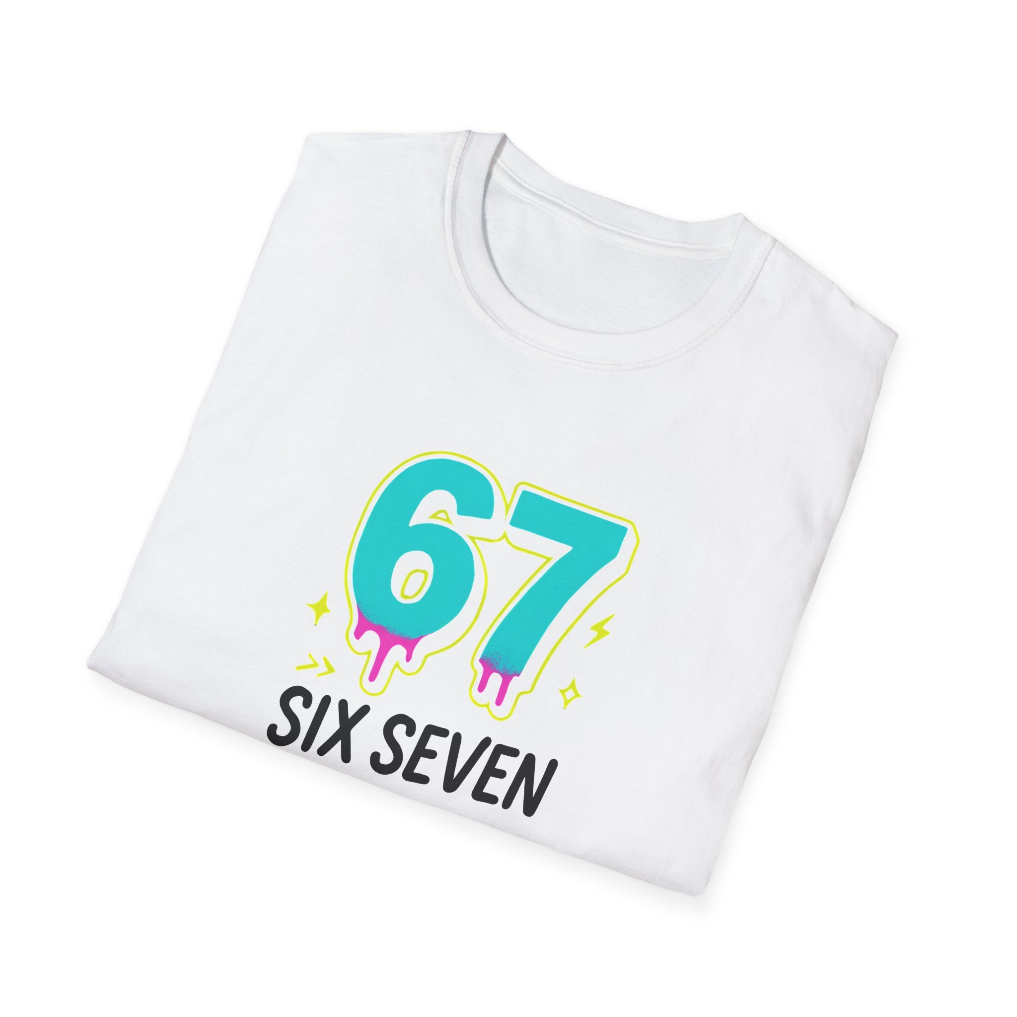 White t-shirt with colorful '67 Six Seven' design on a white background
