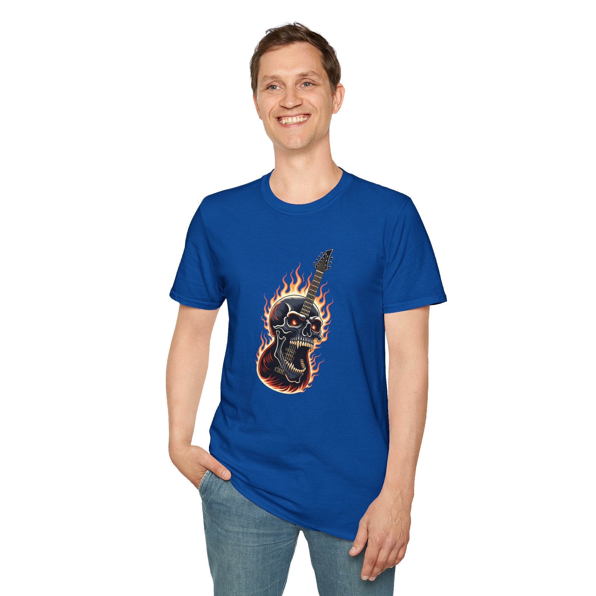 Person wearing a blue t-shirt with a graphic design on a white background