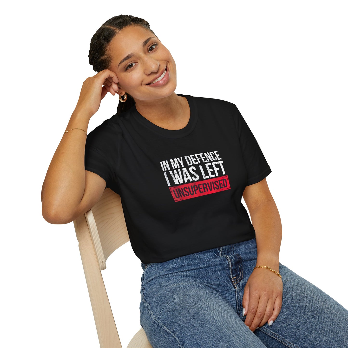 Distressed 'In My Defence I Was Left Unsupervised' black T-Shirt