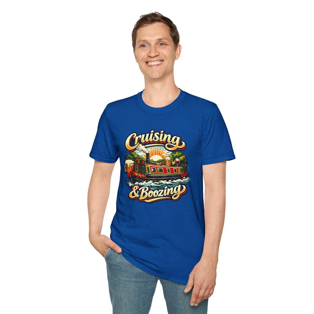 Person wearing a blue t-shirt with 'Cruising & Boozing' graphic design on a white background