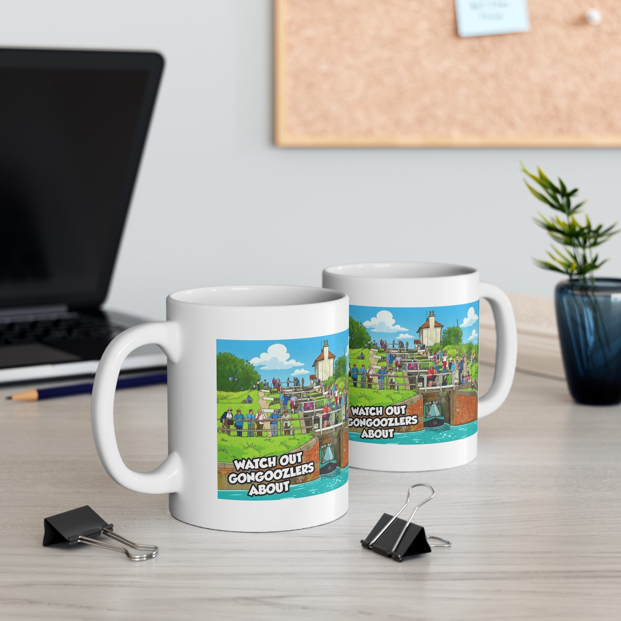 Mug — 'Watch Out Gongooolzers About' Canal Scene Cartoon Coffee Mug Printify