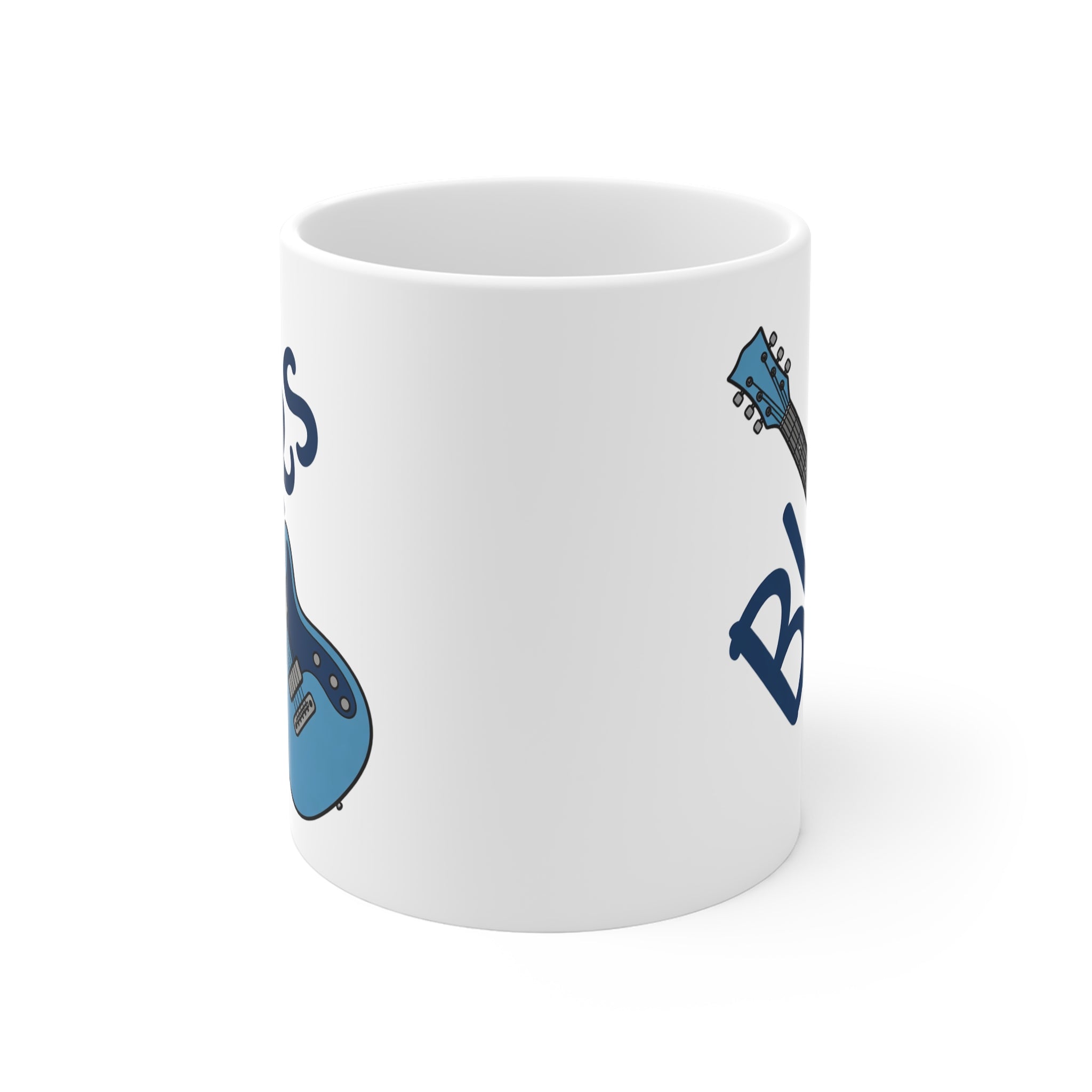 White mug with blue guitar designs and 'Blues' text on a white background