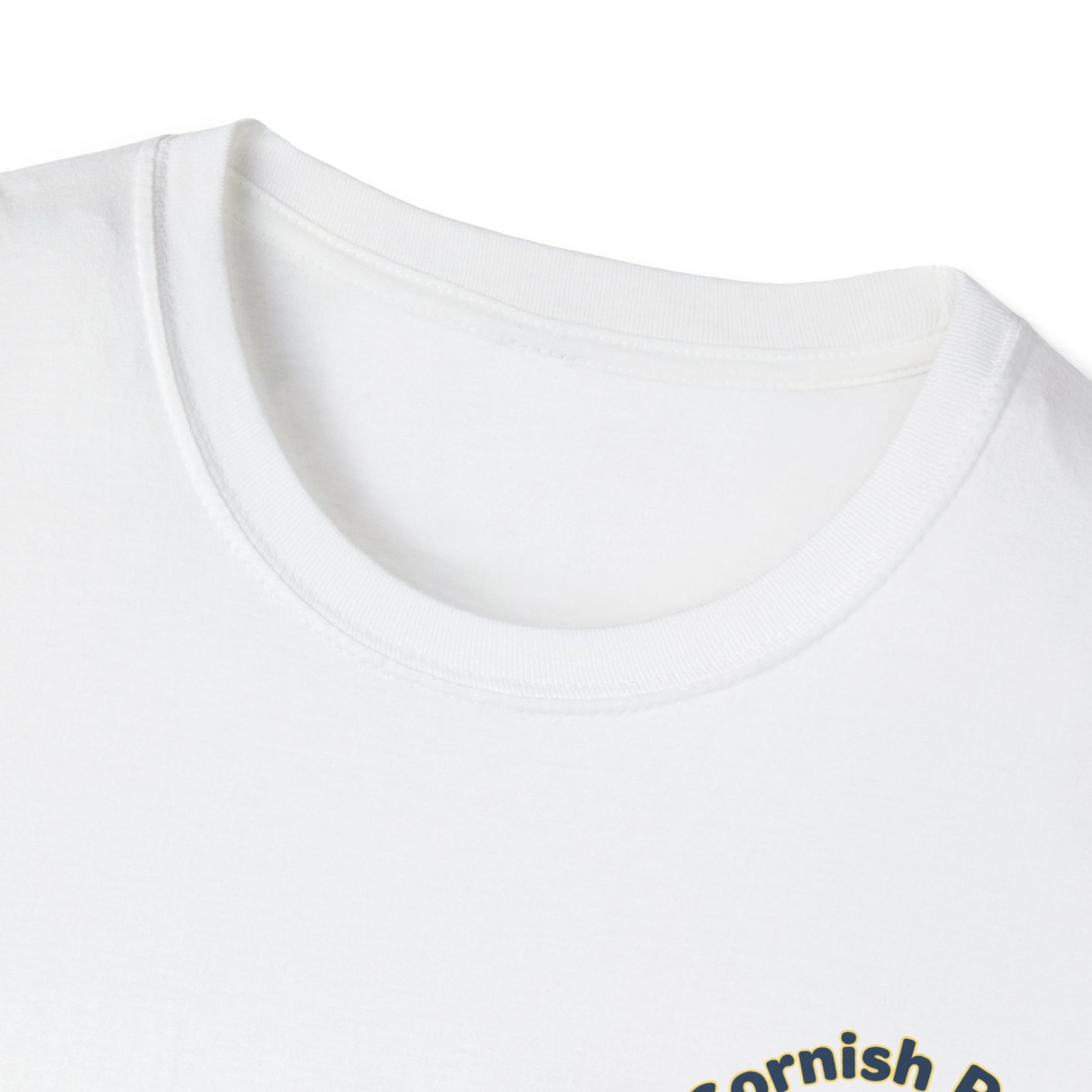 Close-up of a white t-shirt with text on a white background