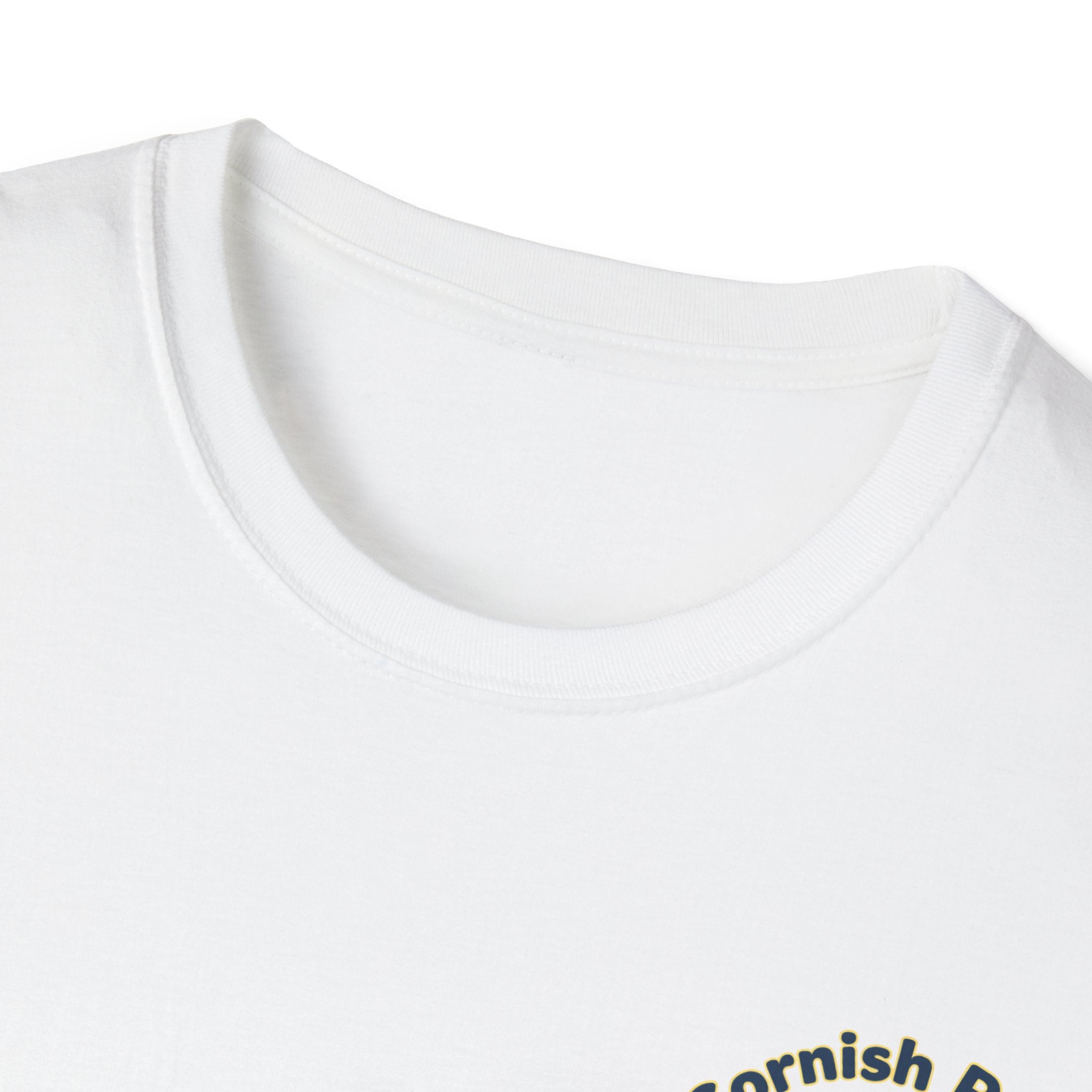 Close-up of a white t-shirt with text on a white background