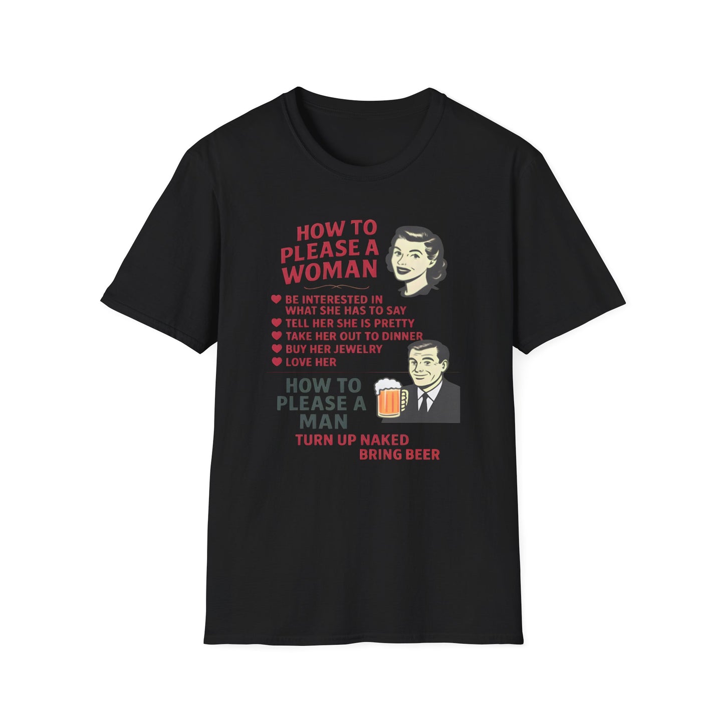 How to Please a Woman vs Man Vintage Humor T-Shirt Fat Boris