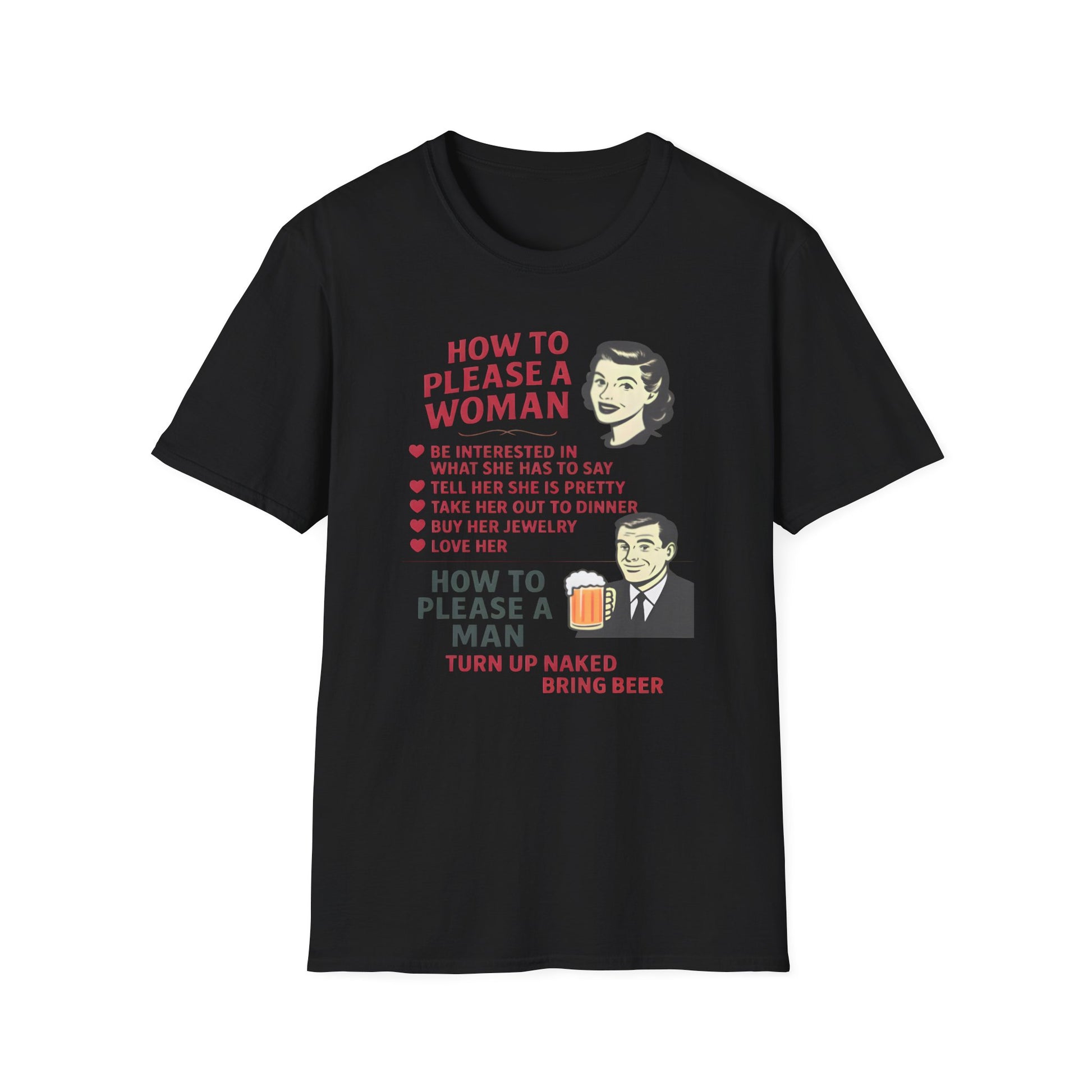 How to Please a Woman vs Man Vintage Humor T-Shirt Fat Boris