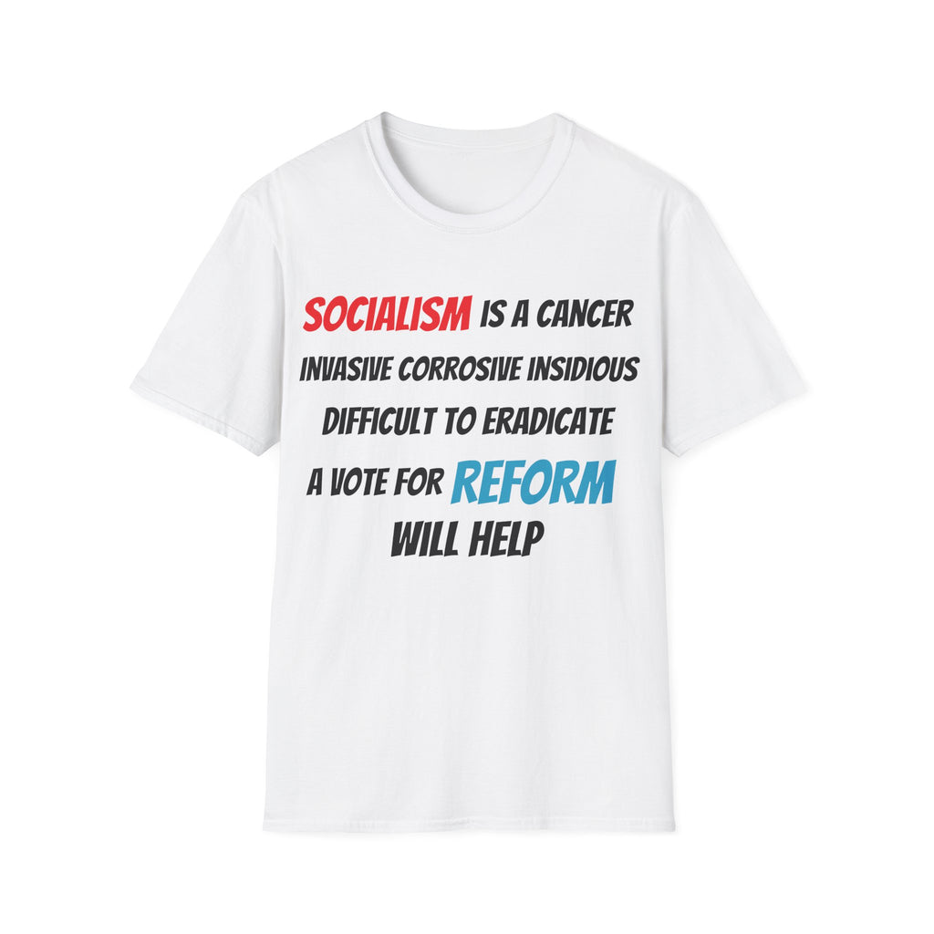 White t-shirt with political message text on a white background