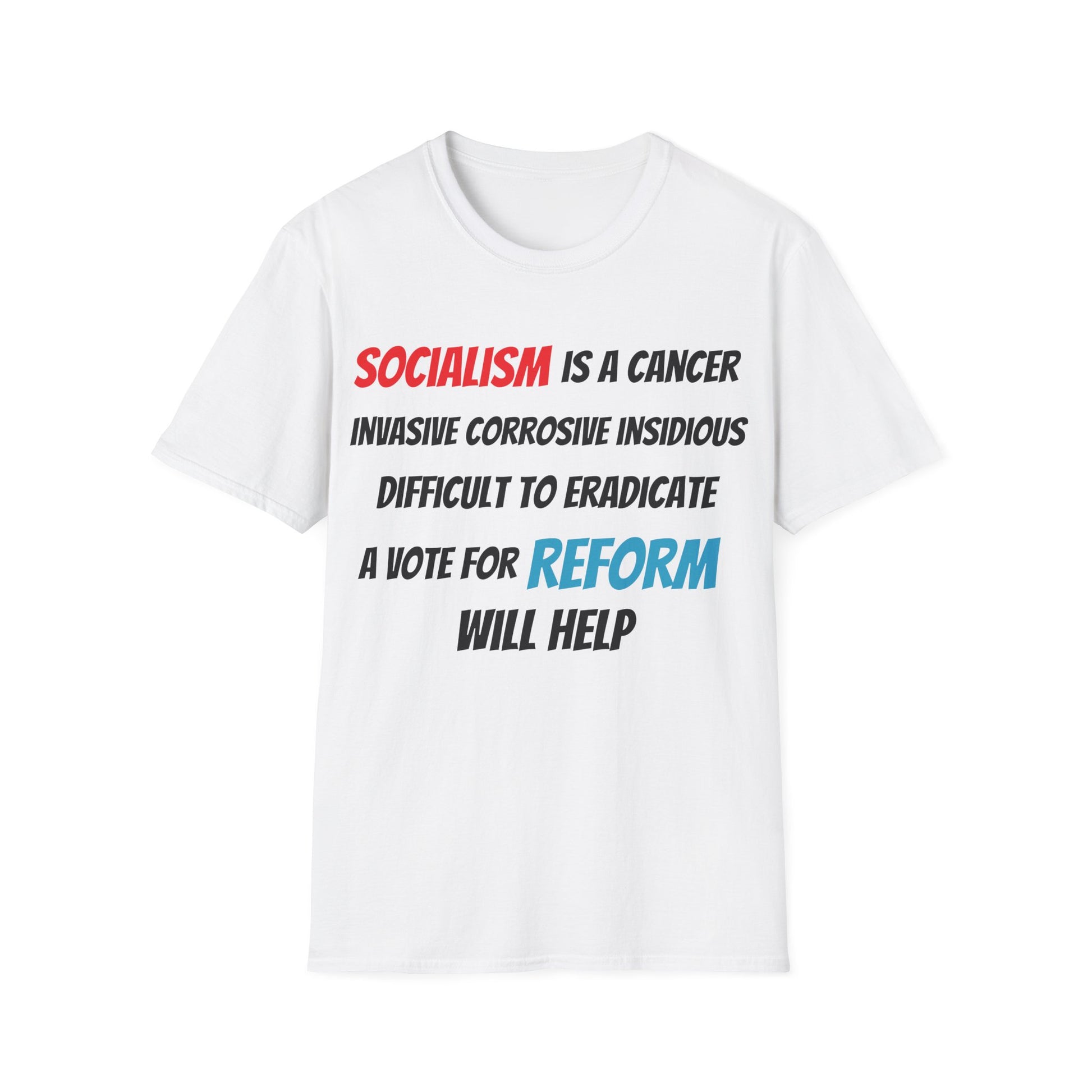 White t-shirt with political message text on a white background