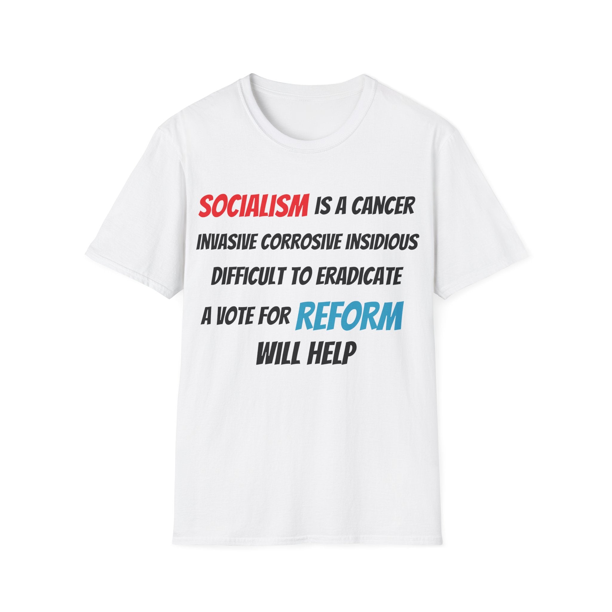 White t-shirt with political message text on a white background