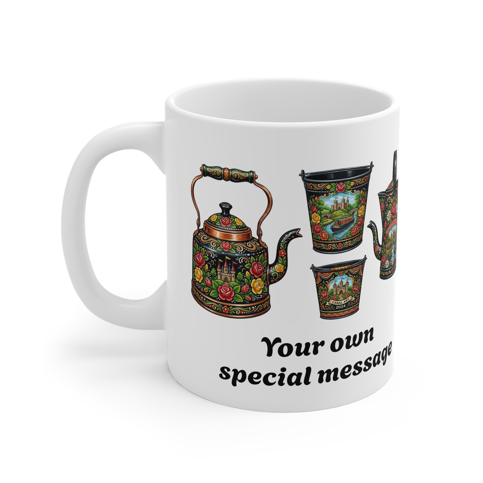 Custom  personalised 11oz Coffee Mug with Traditional Canal Roses and Castles Art 