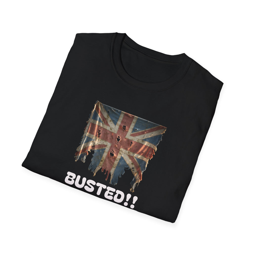 Black t-shirt with a distressed Union Jack design and 'BUSTED!!' text on a white background