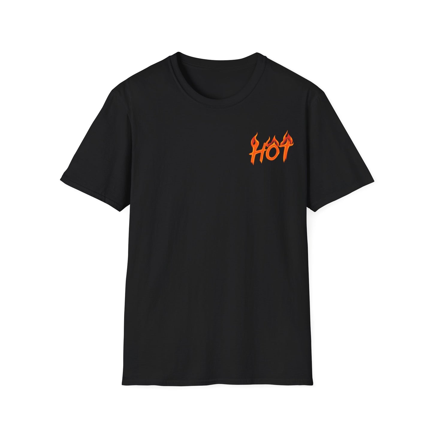 Black t-shirt with orange 'HOT' graphic on a white background