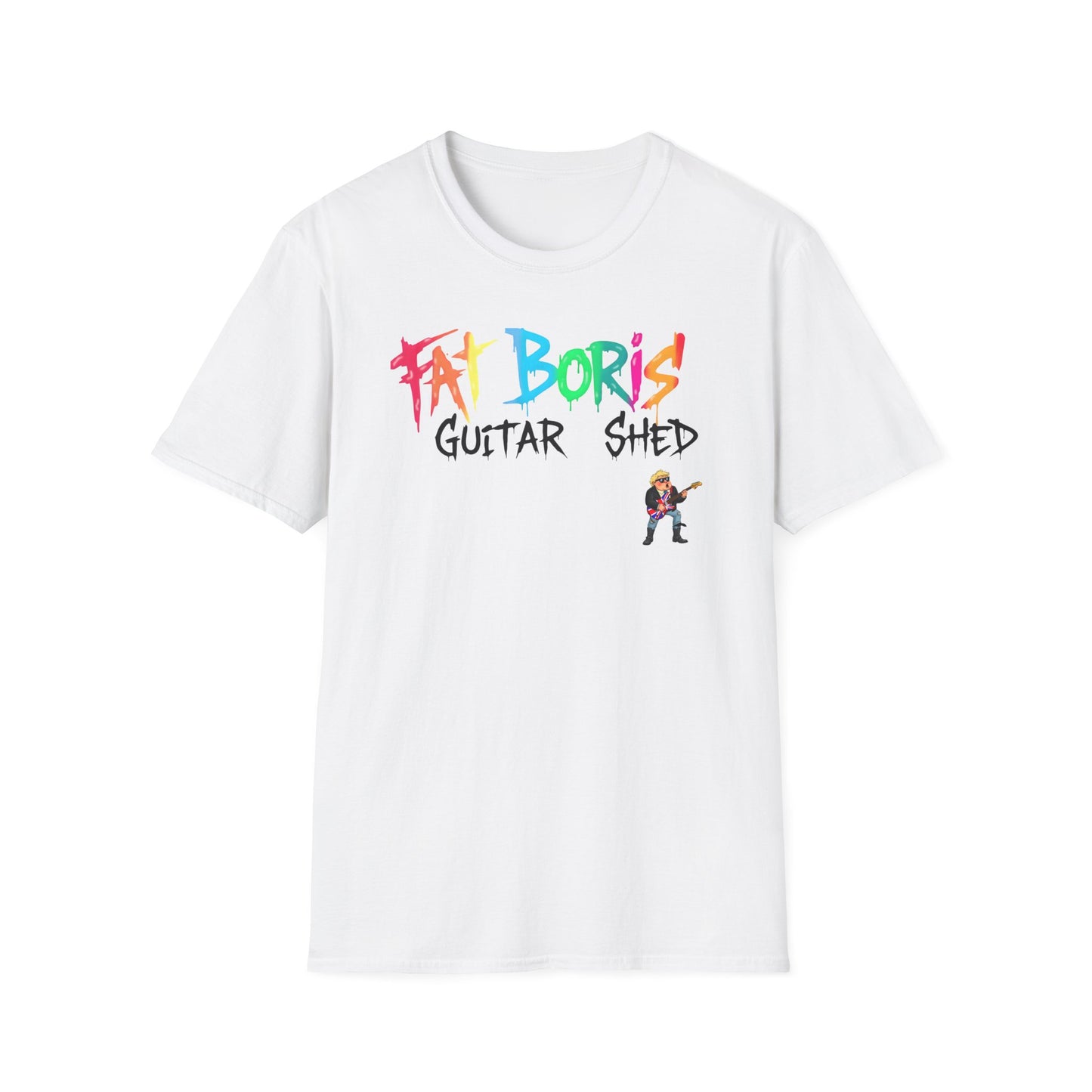 White t-shirt with colorful 'Fat Boris Guitar Shed' text and graphic on a white background