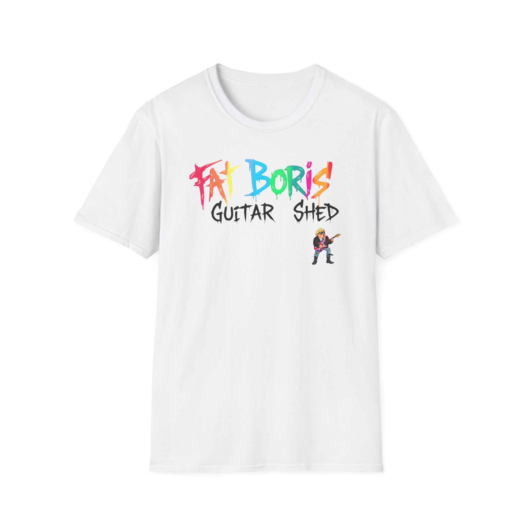 White t-shirt with colorful 'Fat Boris Guitar Shed' text and graphic on a white background