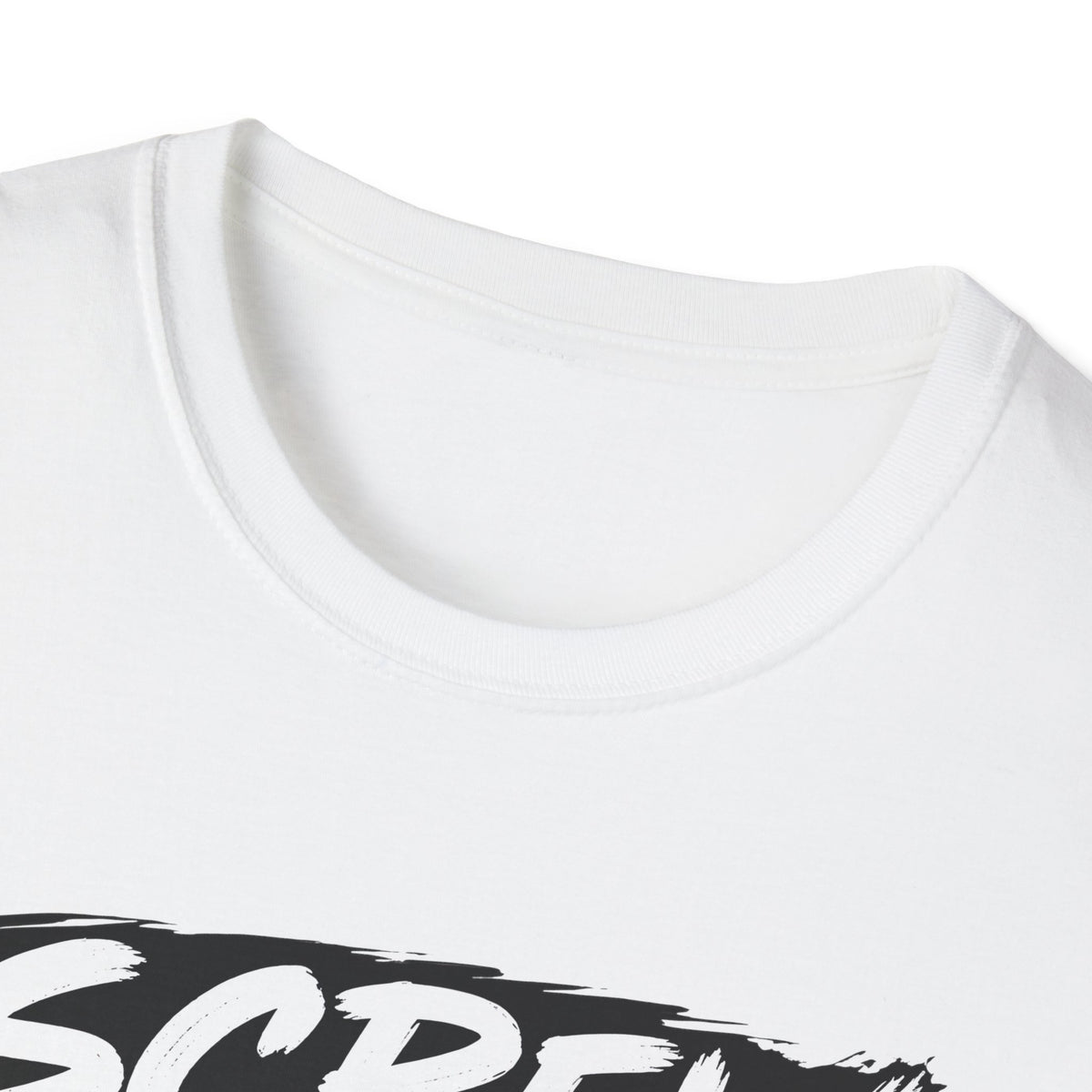 Close-up of a white crew-neck t-shirt showing the inner collar and a partial black graphic print at the bottom.