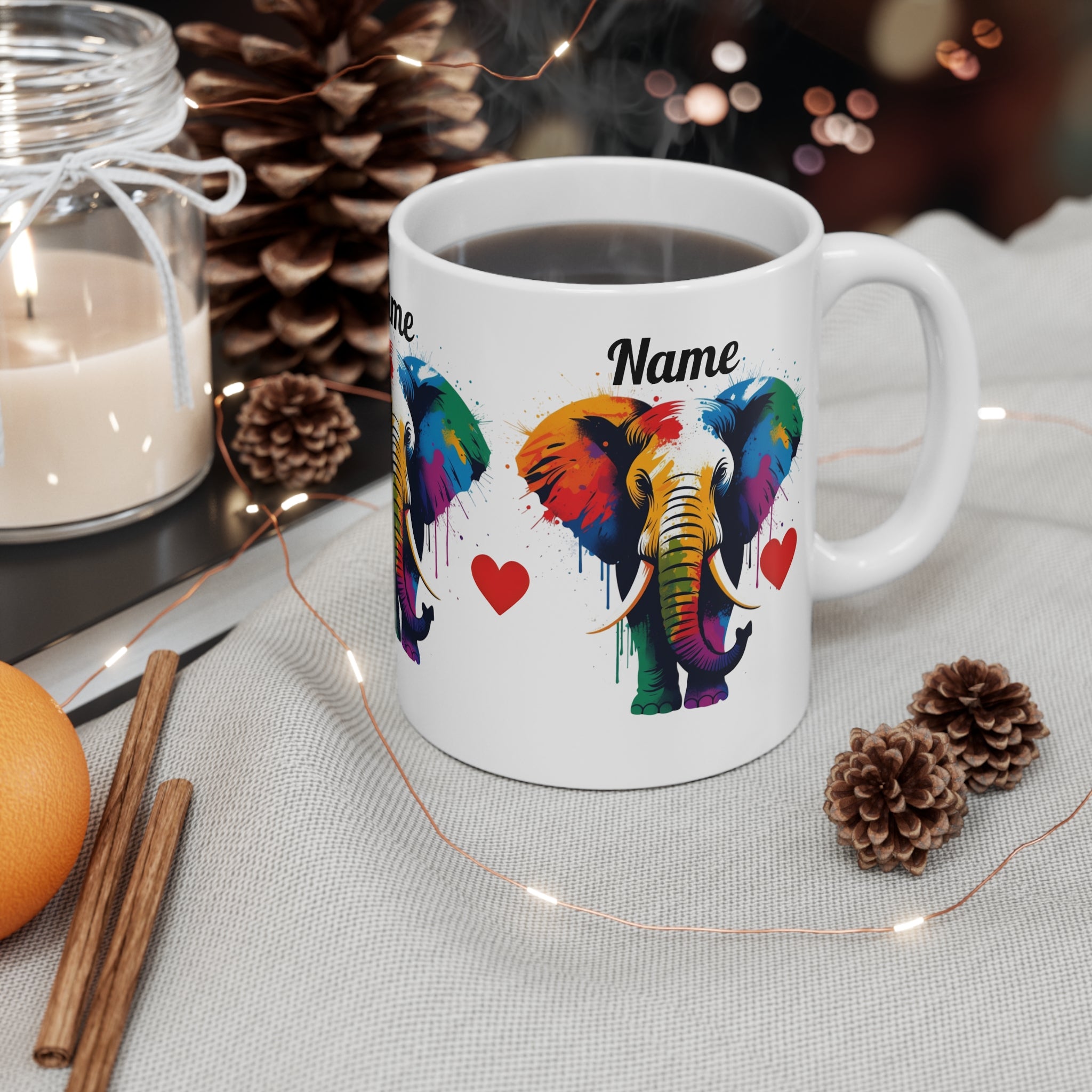 Personalised Colourful Elephant Mug — Custom Name Rainbow Elephant Coffee Cup 