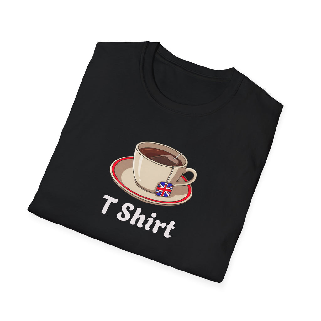 Folded Black t-shirt with a tea cup design and 'T-Shirt' text on a white background