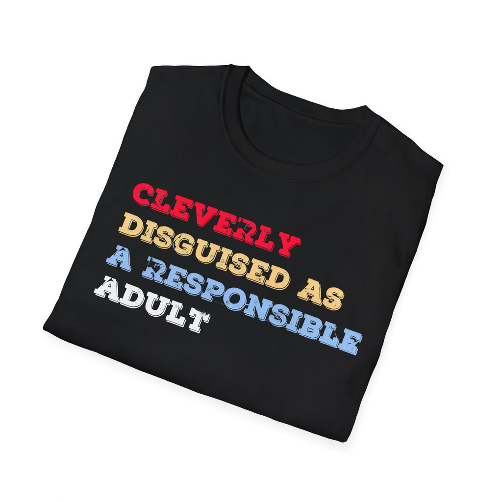 Black t-shirt with colorful text design on a white background