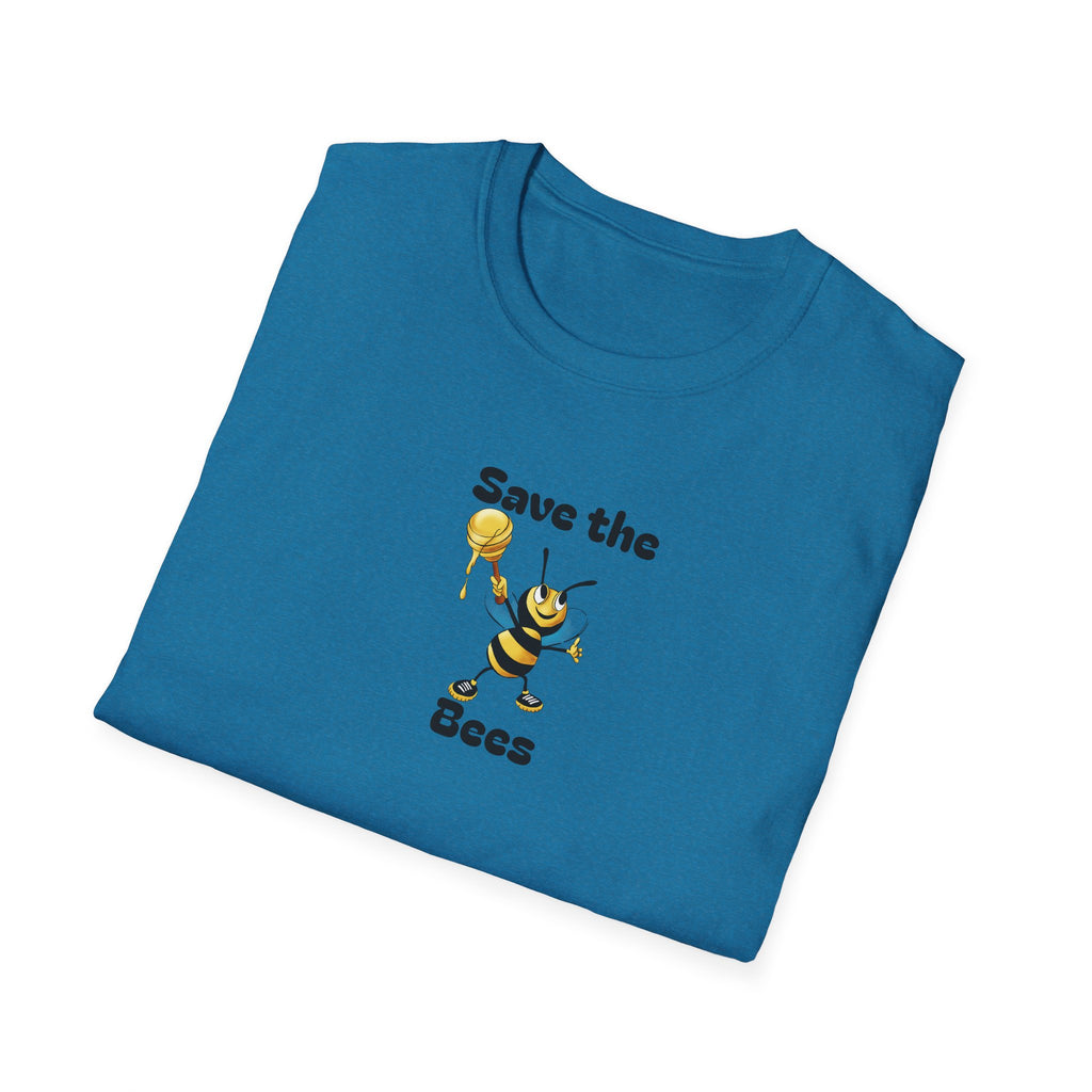 Blue t-shirt with a bee graphic and 'Save the Bees' text on a white background