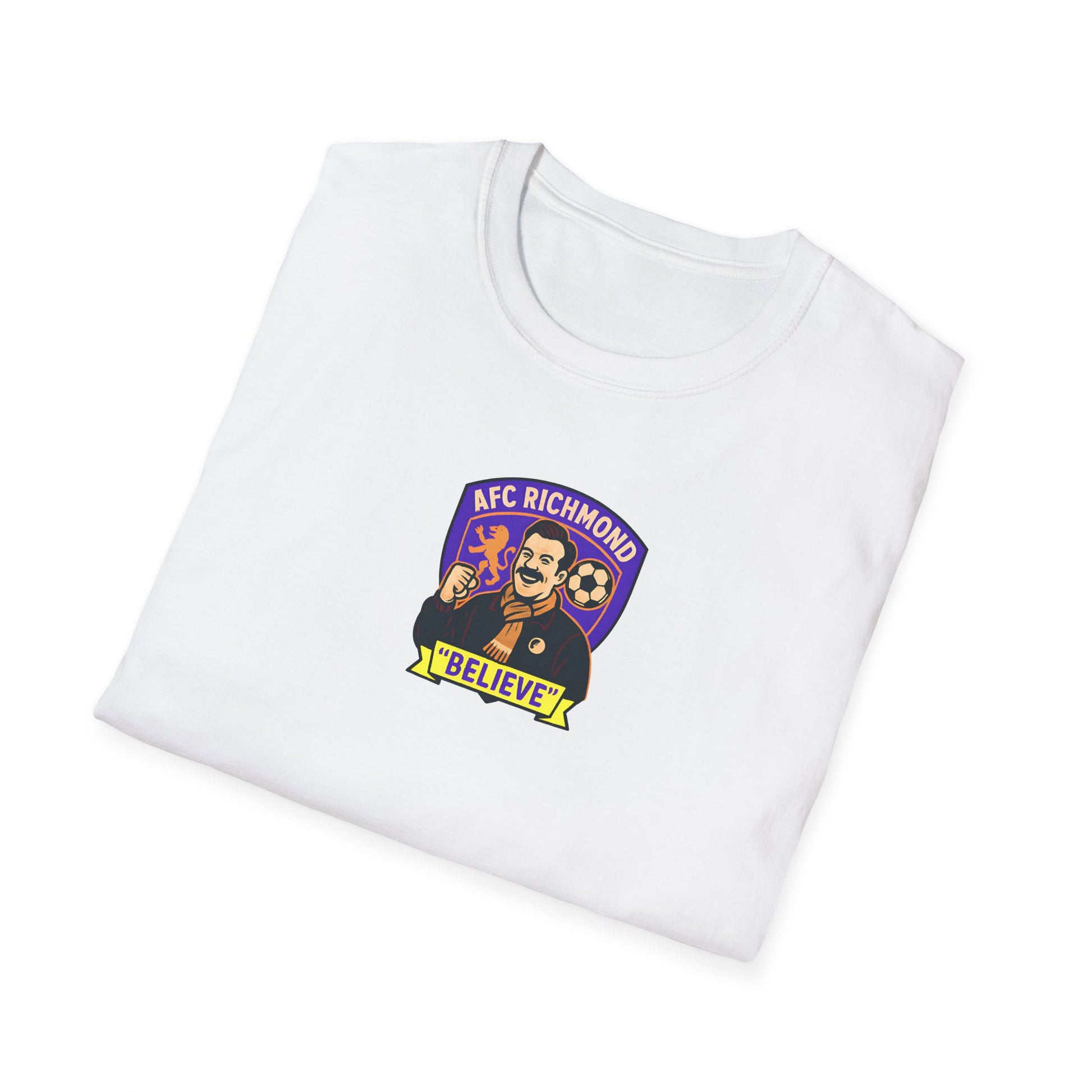 White t-shirt with a  Ted lasso logo on a white background