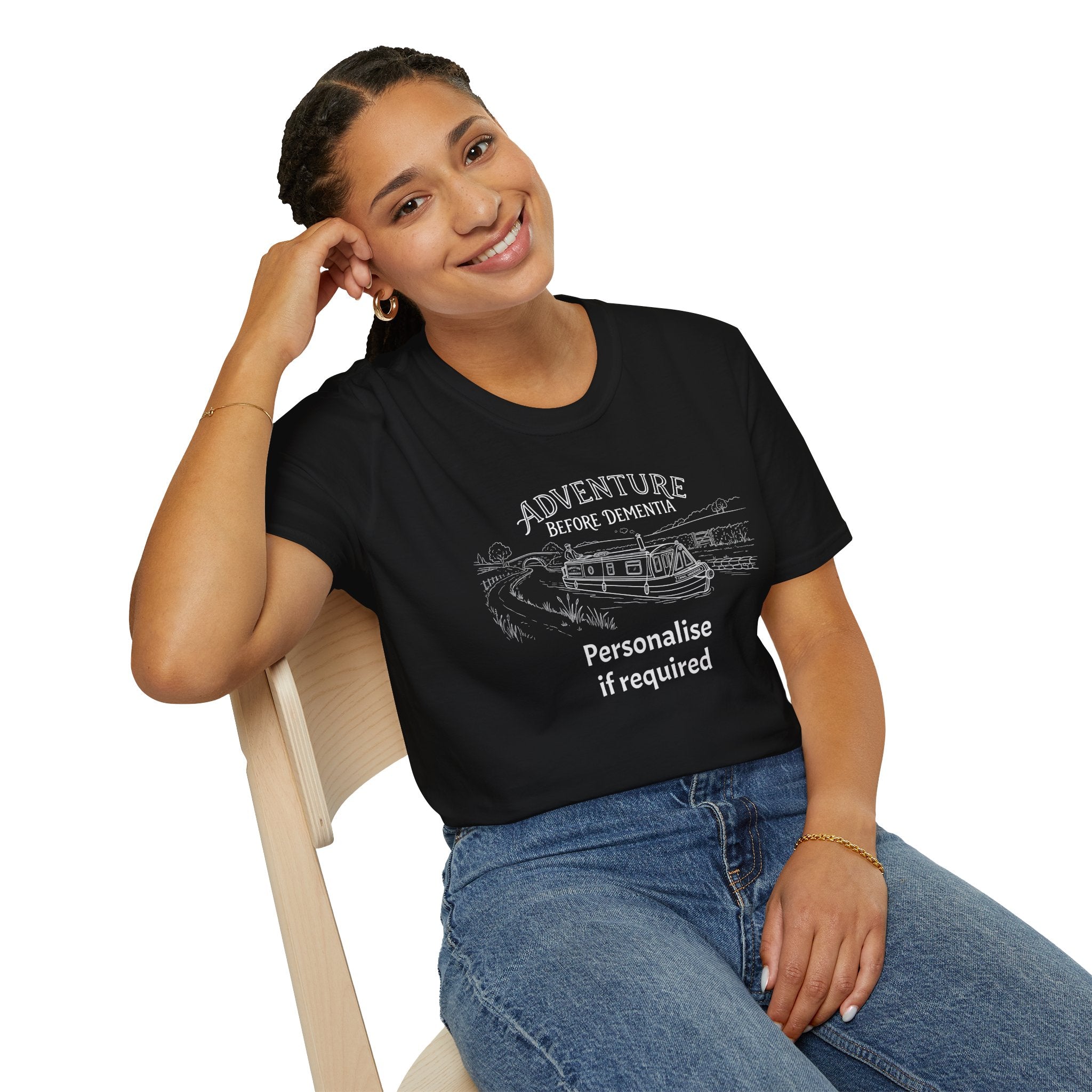 "Adventure Before Dementia"  Narrowboat Retirement T-Shirt -Personalise Option Printify