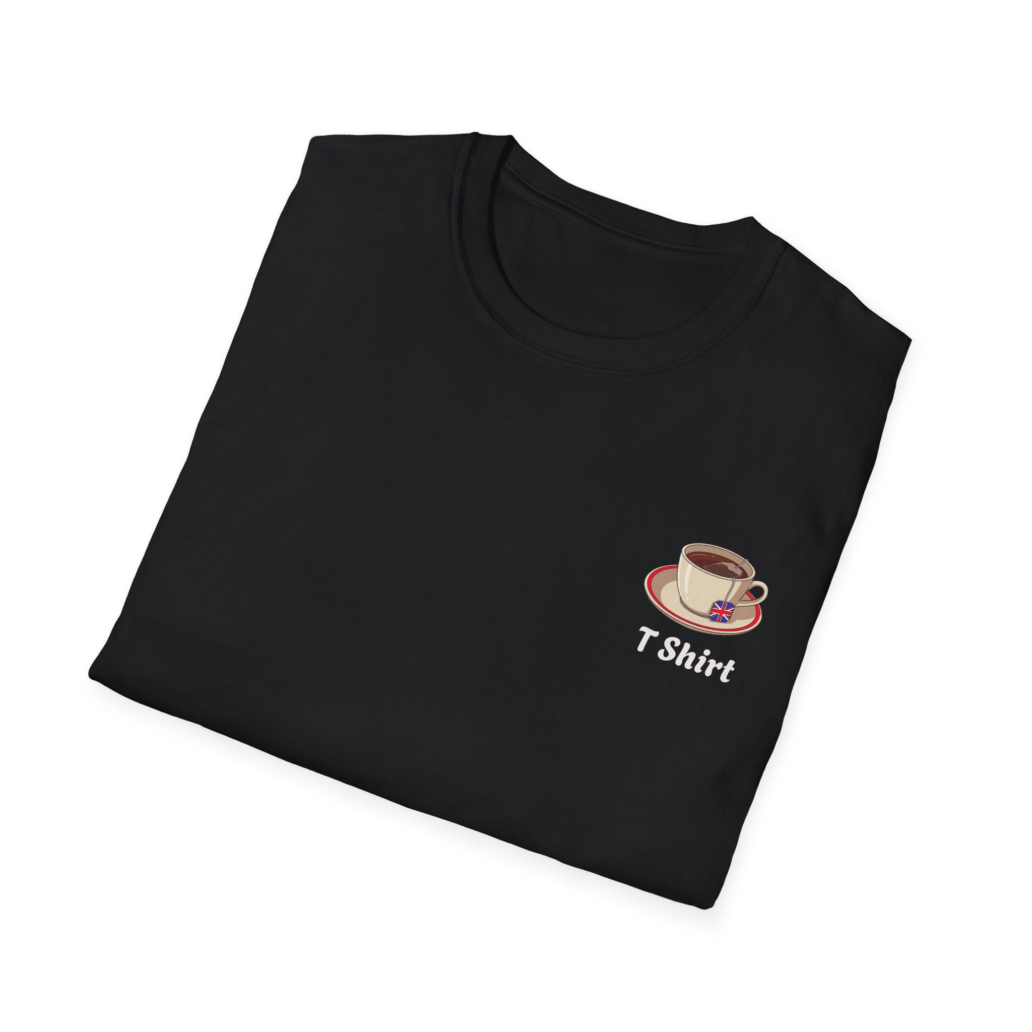 Black t-shirt with a coffee cup design and 'T Shirt' text on a white background