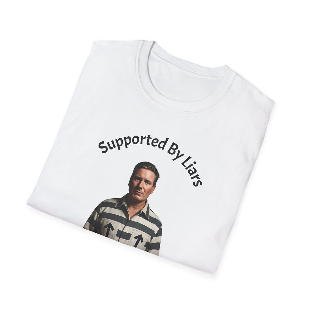 T Shirt with graphic “Kier Starmer Felon  mug shot tee: Supported By Liars” Political Satire