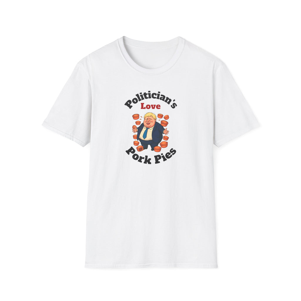White t-shirt with a graphic politician's love pork pies design and text on a white background