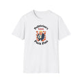 White t-shirt with a graphic politician's love pork pies design and text on a white background