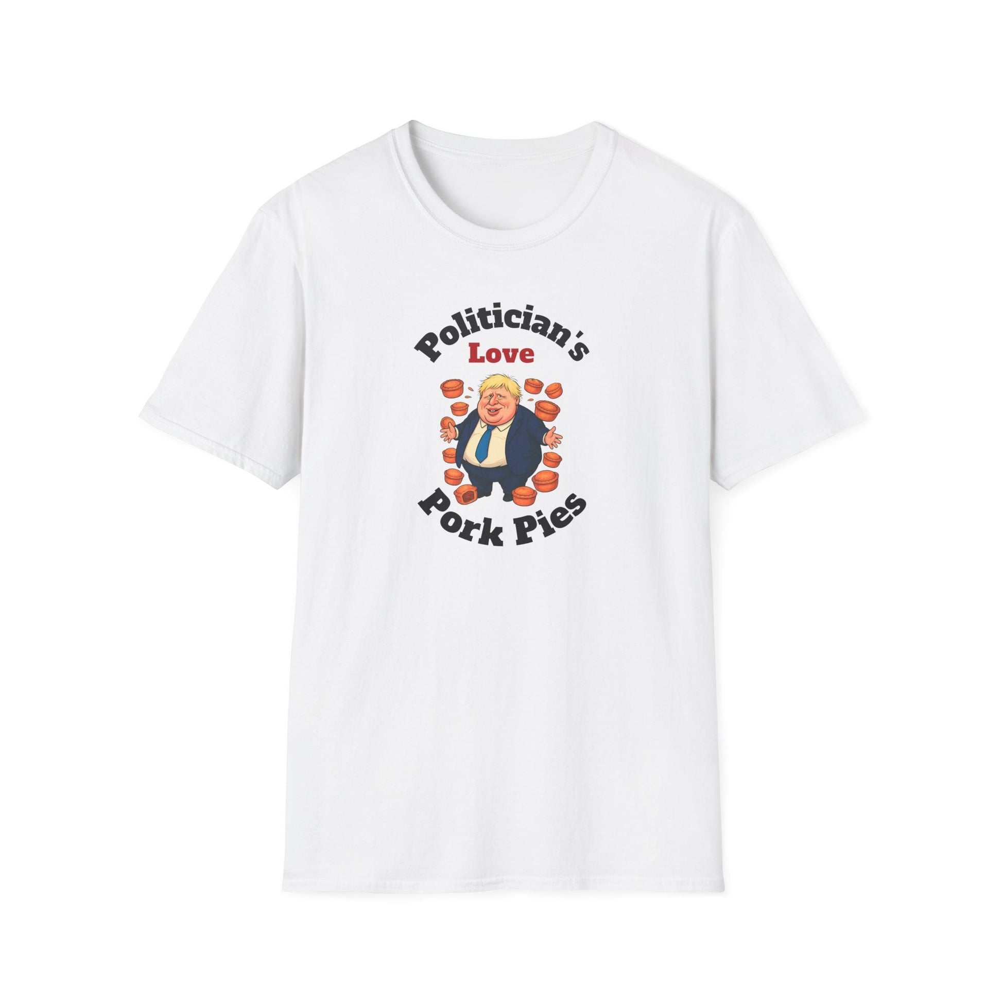 White t-shirt with a graphic politician's love pork pies design and text on a white background
