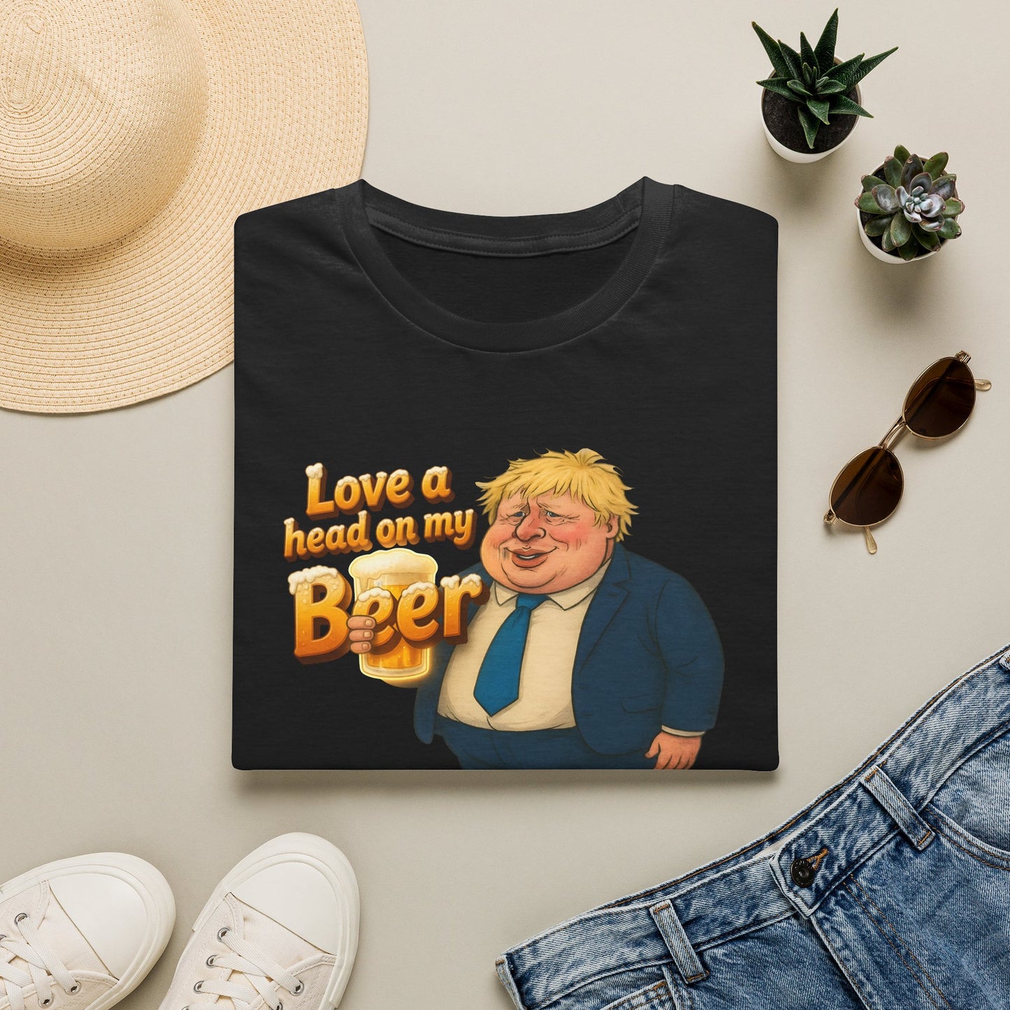 Political Caricature T‑Shirt — "Love a Head on My Beer" Funny Boris Johnson Design 