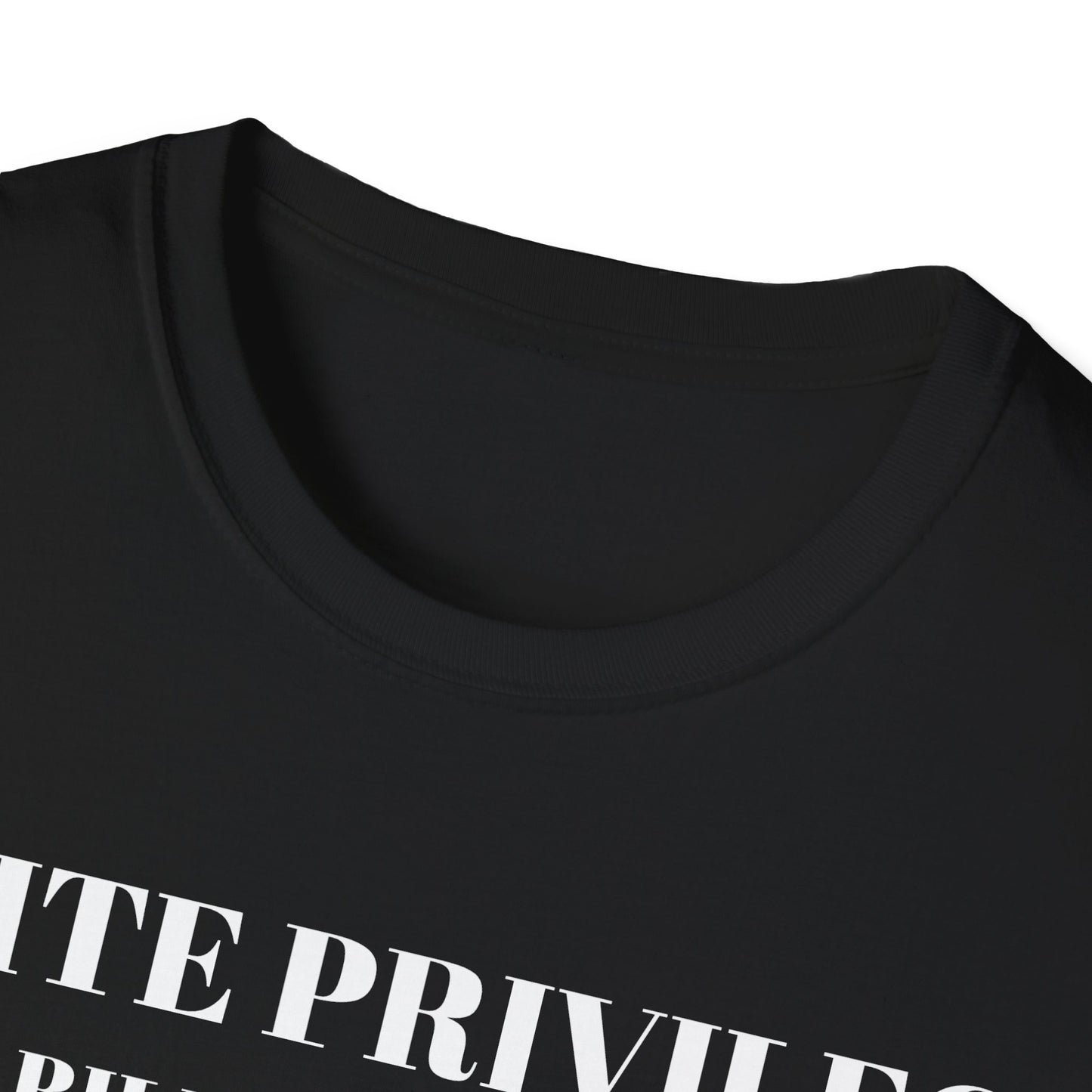 Black t-shirt with white text on a white background