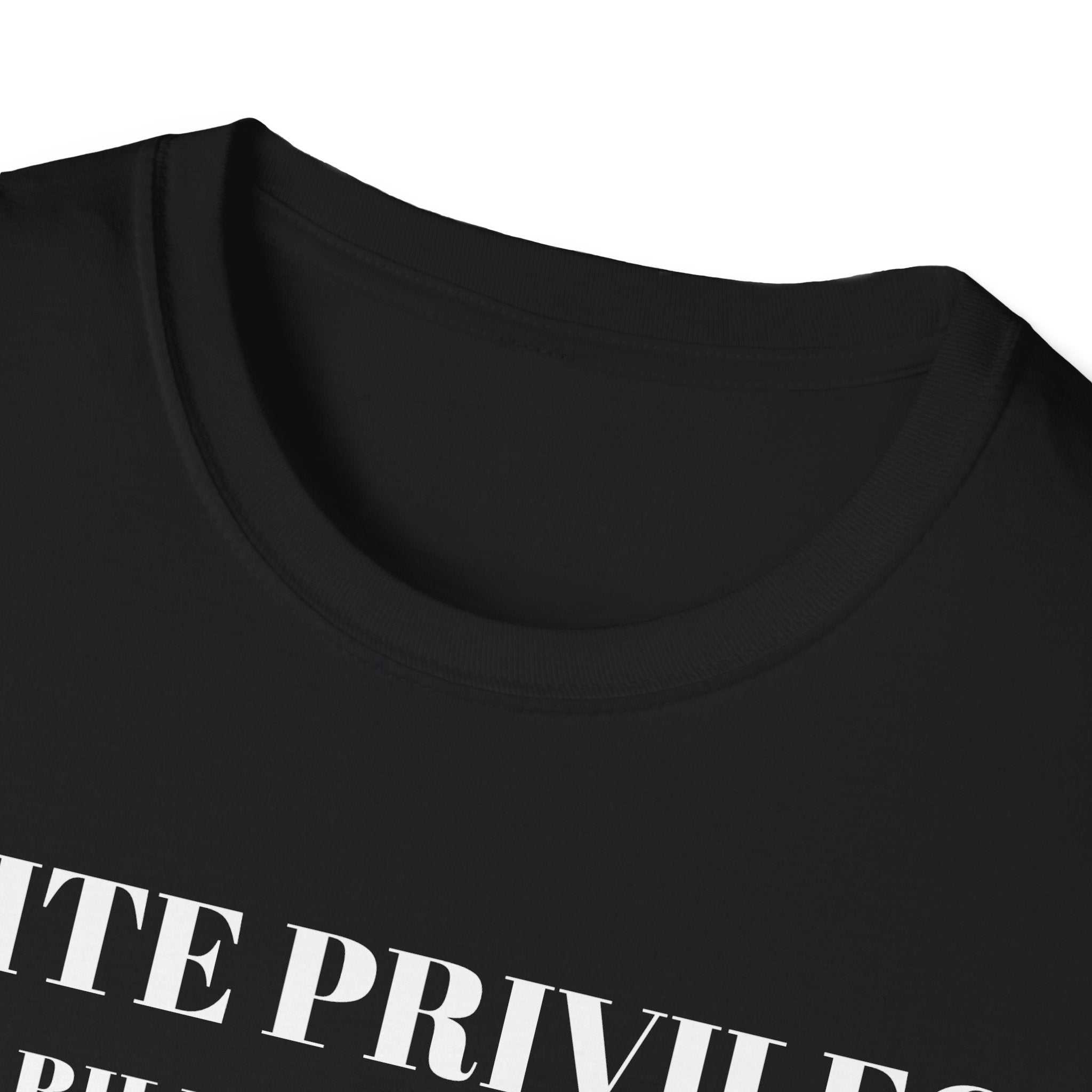 Black t-shirt with white text on a white background