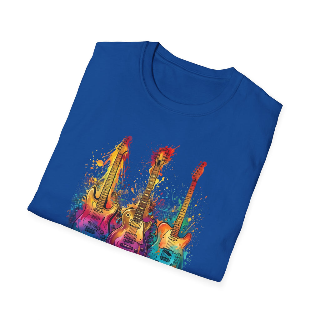 Vivid Paint Splash Design Three Guitars Trio T-Shirt — Colourful  Musical Instrument Tee