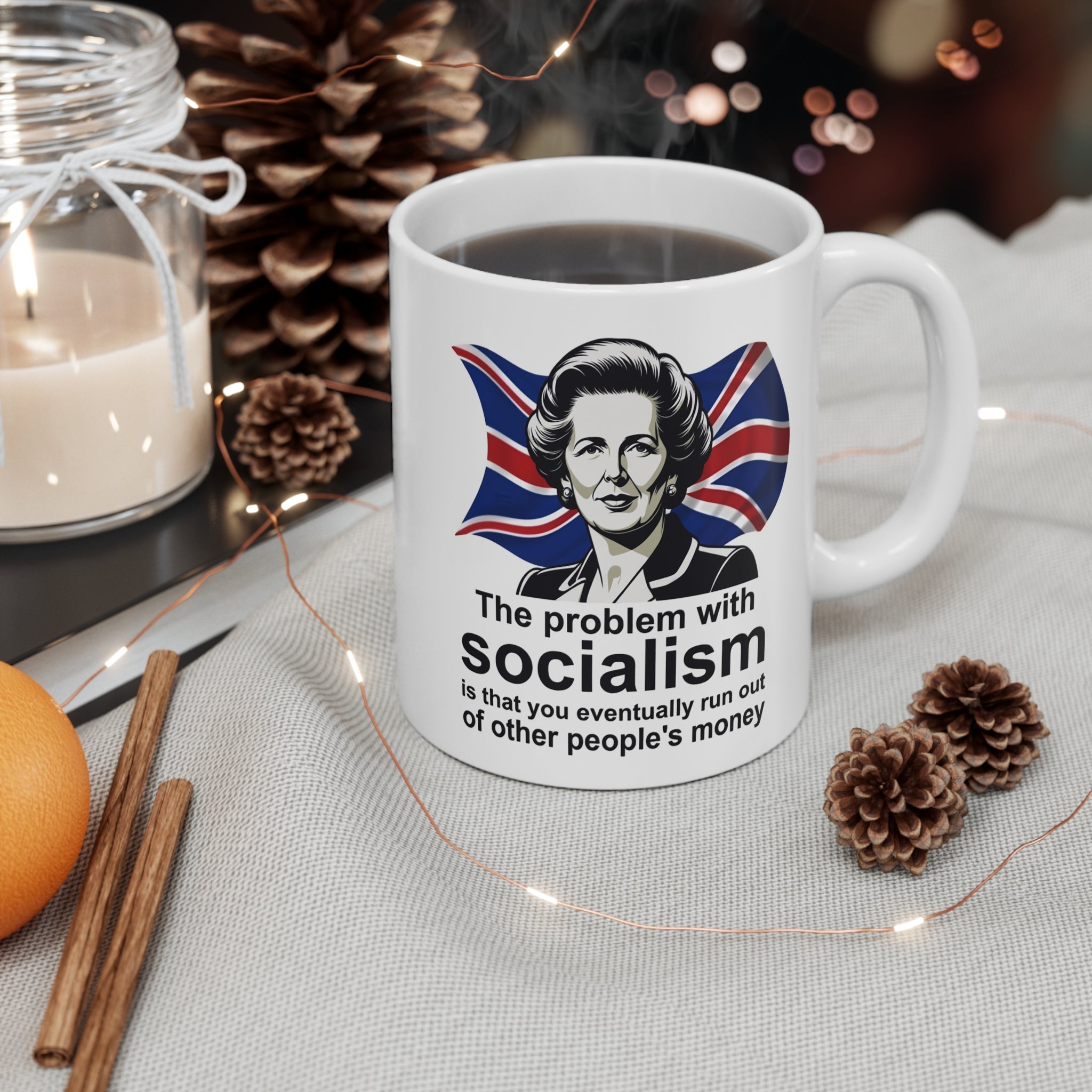 Margaret Thatcher coffee mug with famous quote "The problem with socialism is that you eventually run out of other people's money" on Union Jack background – Conservative gift from Fat Boris Store
