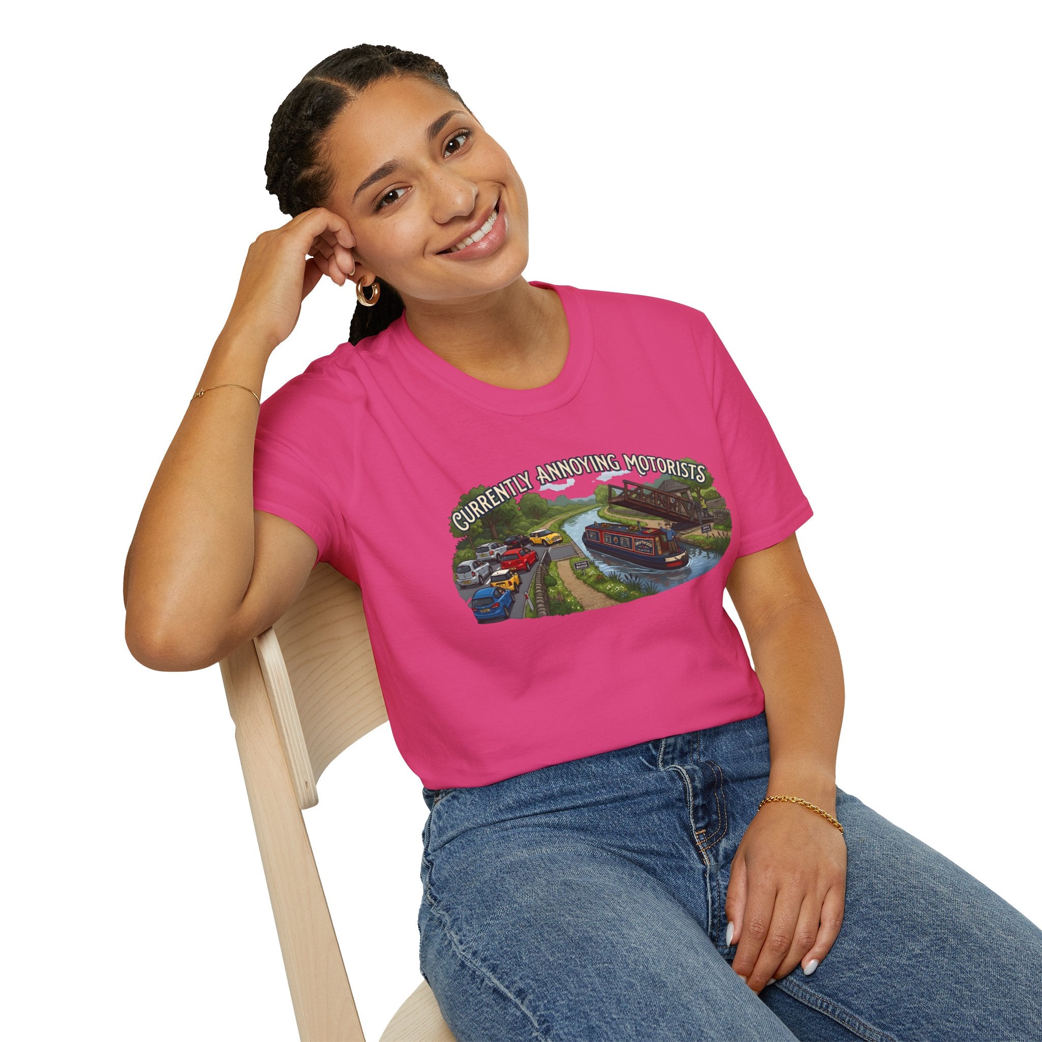 Canal Narrowboat Swing Bridge Print – “Currently Annoying Motorists” Humorous Boat T Shirt 