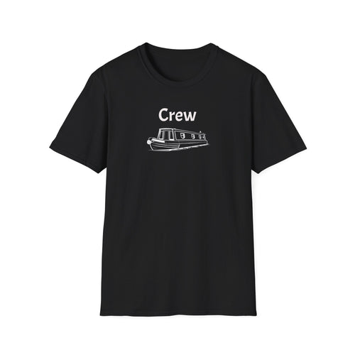Black t-shirt with 'Crew' and a boat graphic on a white background