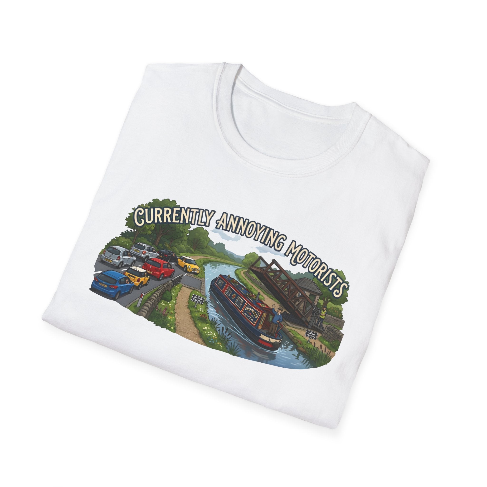 Canal Narrowboat Swing Bridge Print – “Currently Annoying Motorists” Humorous Boat T Shirt 