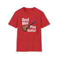 Red t-shirt with guitar graphic and text on a white background