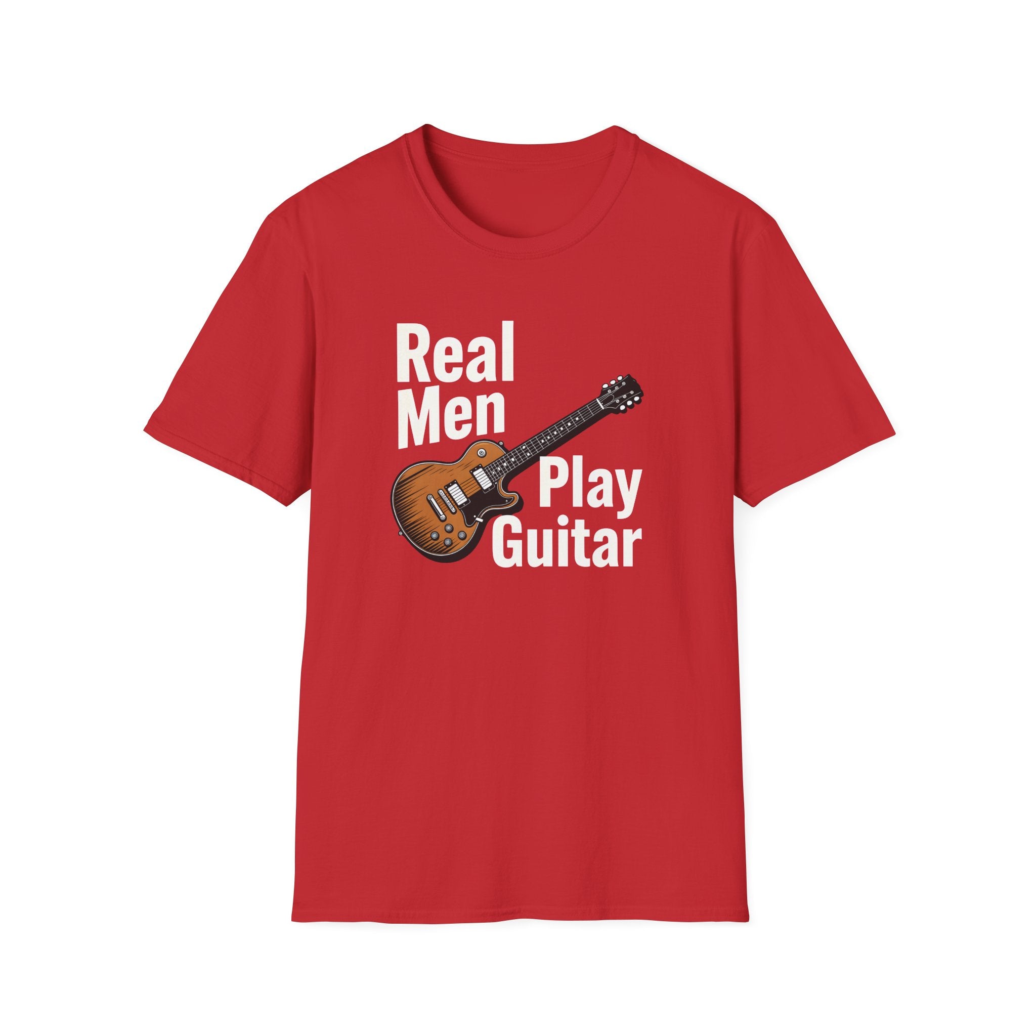 Red t-shirt with guitar graphic and text on a white background